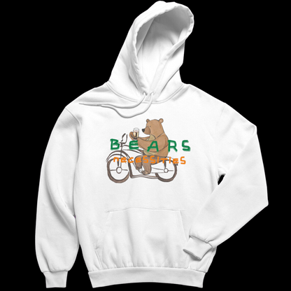 Cosy hoodie featuring a playful graphic of a bear riding a bike with an Irish beer in hand, topped with the phrase 'Bear's Necessities.'