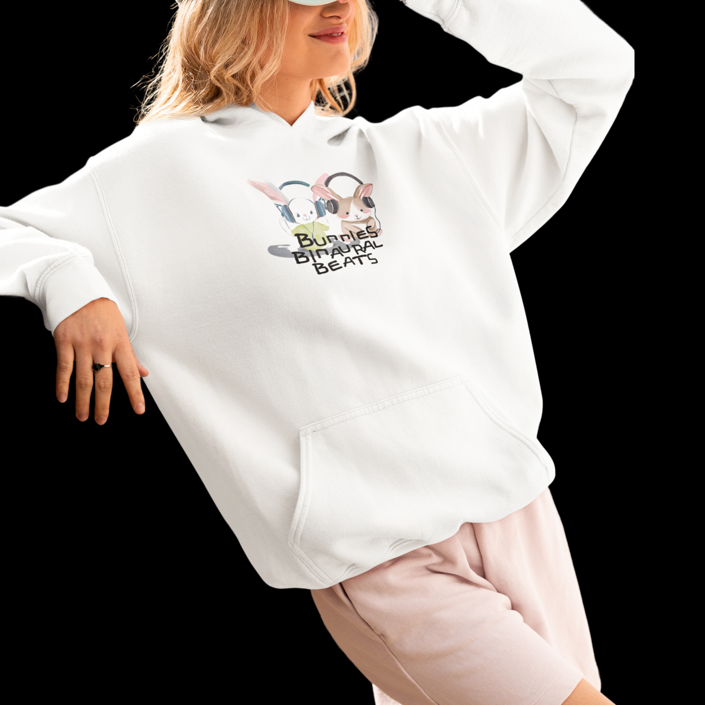 White hoodie with a graphic of two bunnies wearing headphones with bunnies binaural beats written on top.