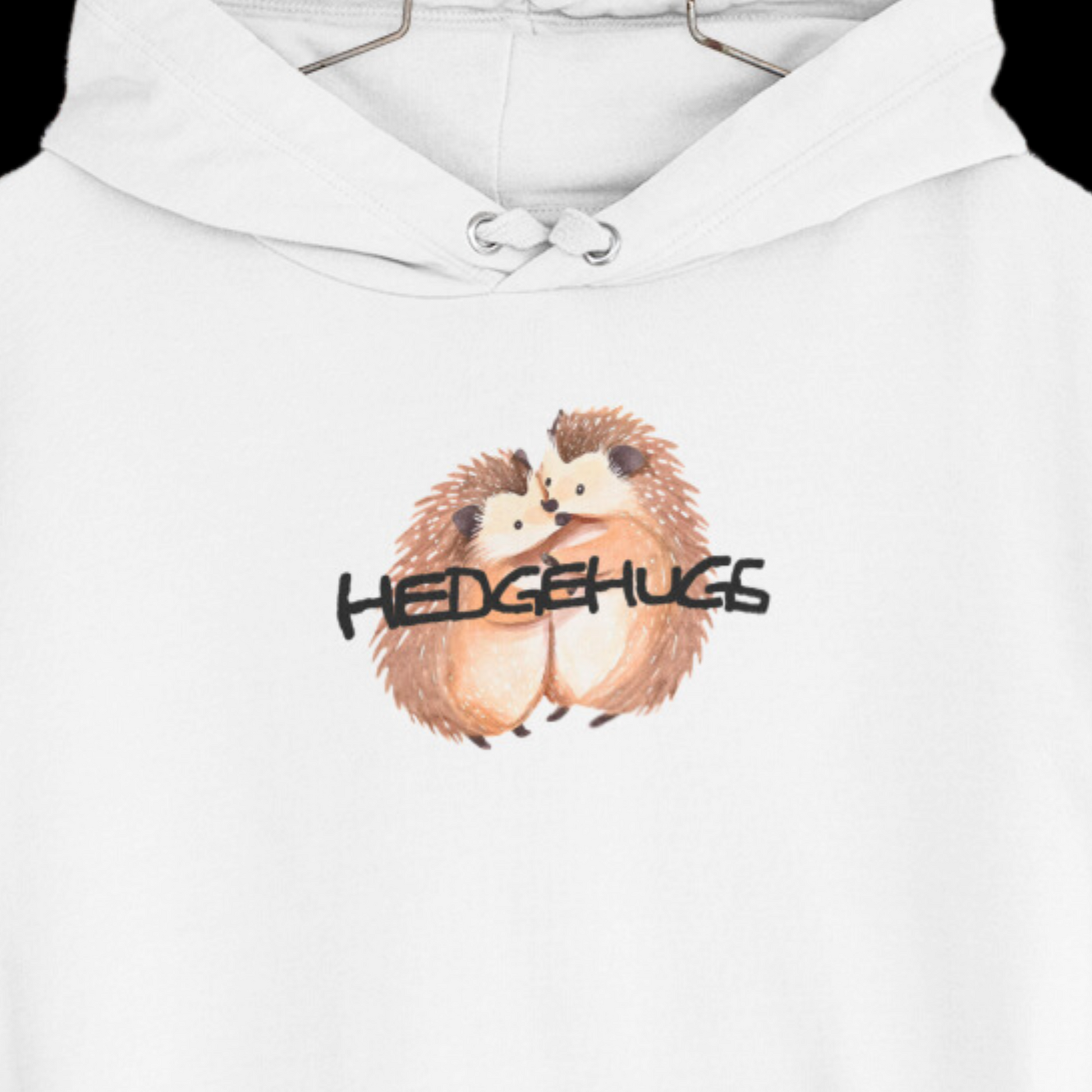 A cozy hoodie featuring a playful graphic of two hugging hedgehogs with the word "Hedgehugs" above them.