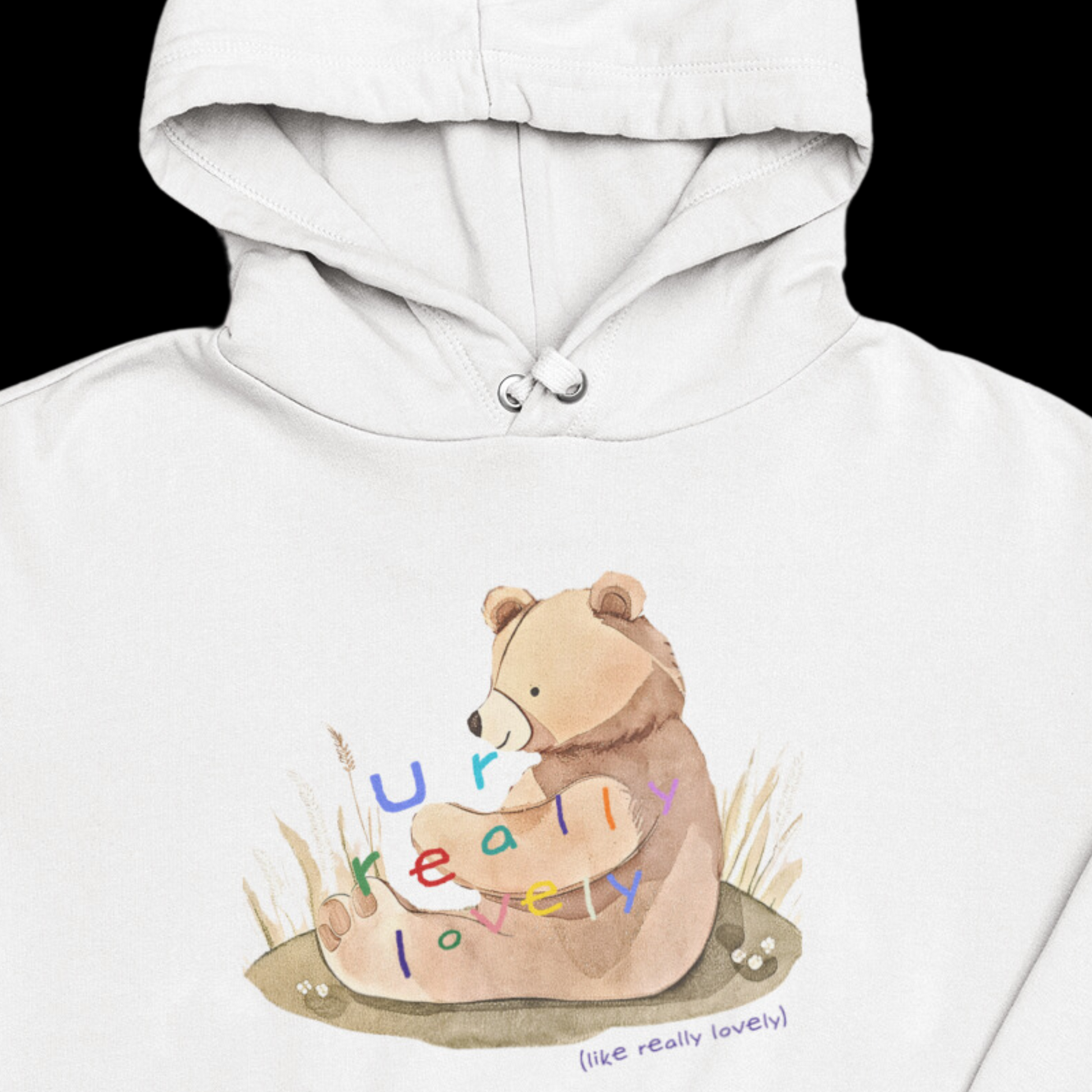 Graphic Design hoodie with an adorable bear graphic and the phrase 'U R Lovely' on the front, made from soft cotton.