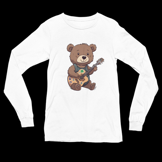 White long sleeve cotton t-shirt with a graphic of a bear strumming a guitar decorated with little stickers, including a shamrock