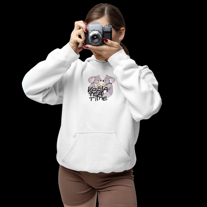 Hoodie with a front graphic of two koalas drinking tea, with the phrase 'Koalatea Time' written above.