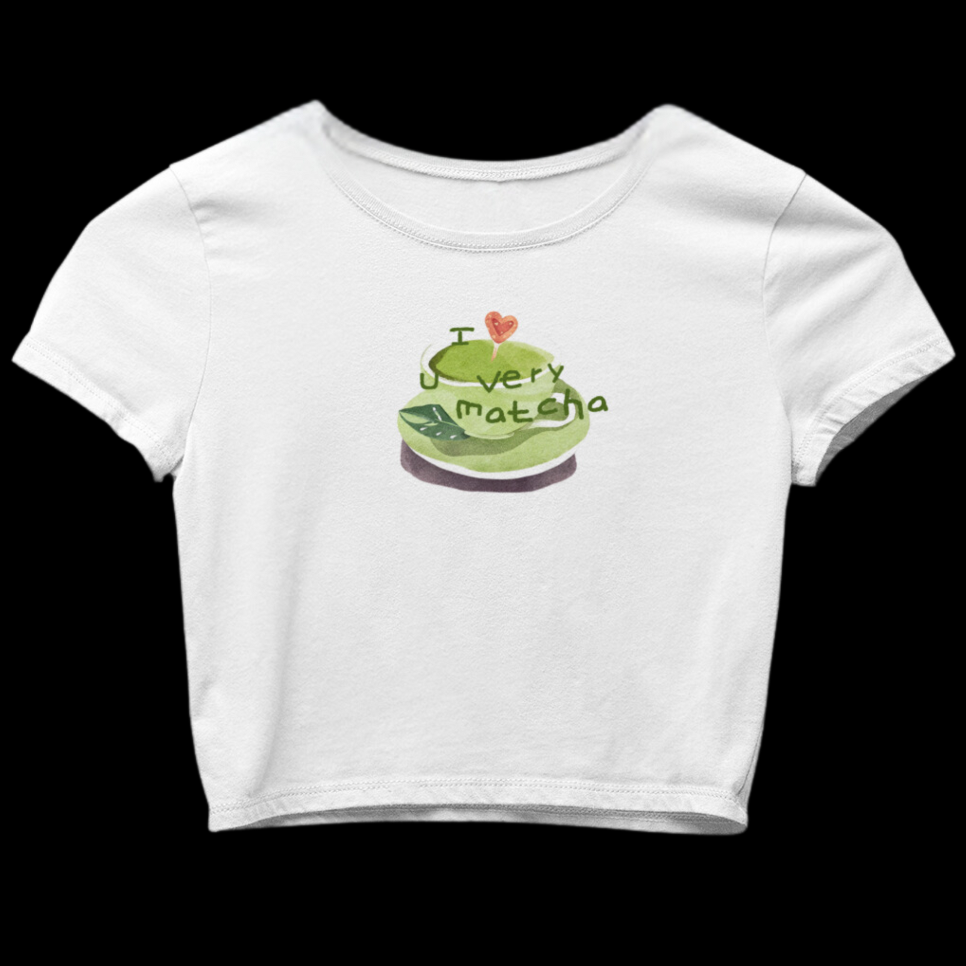 Womens Baby Tee with a green tea matcha cup graphic and the phrase 'I love you very matcha' in a minimalist design, featuring soft, lightweight fabric