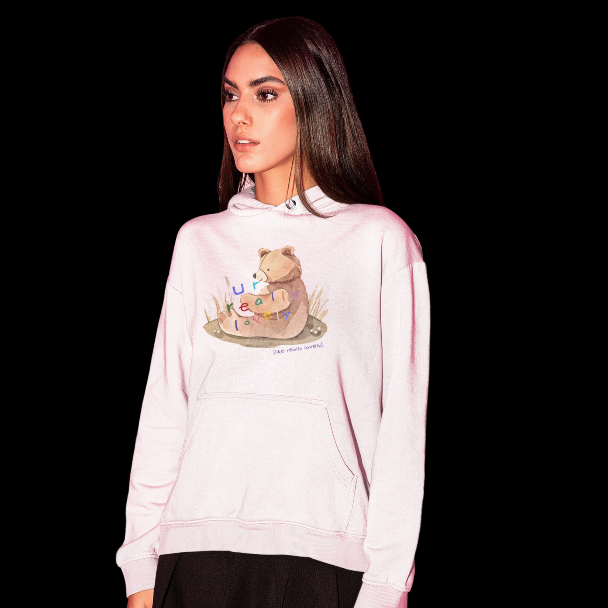 Graphic Design hoodie with an adorable bear graphic and the phrase 'U R Lovely' on the front, made from soft cotton.