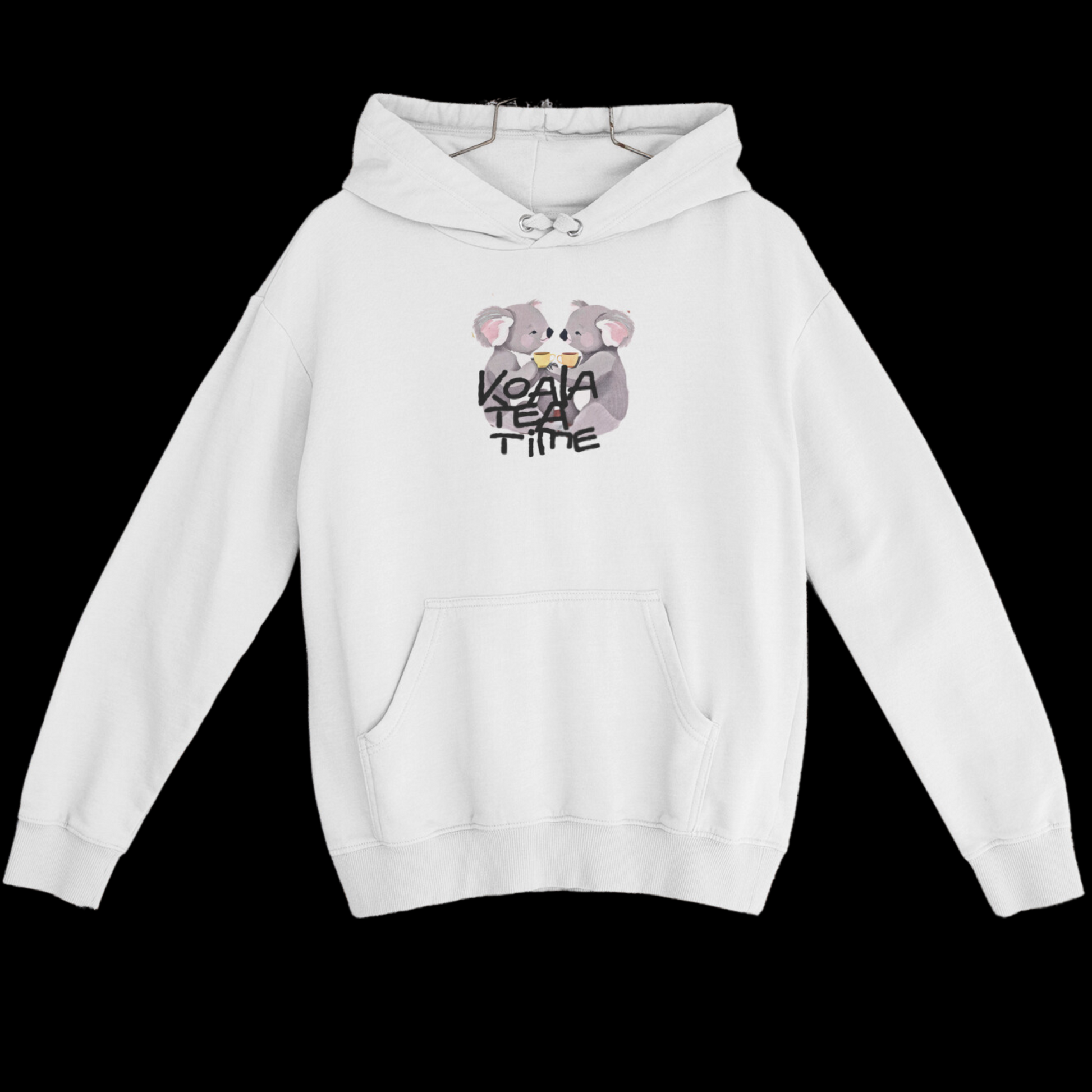 Hoodie with a front graphic of two koalas drinking tea, with the phrase 'Koalatea Time' written above.