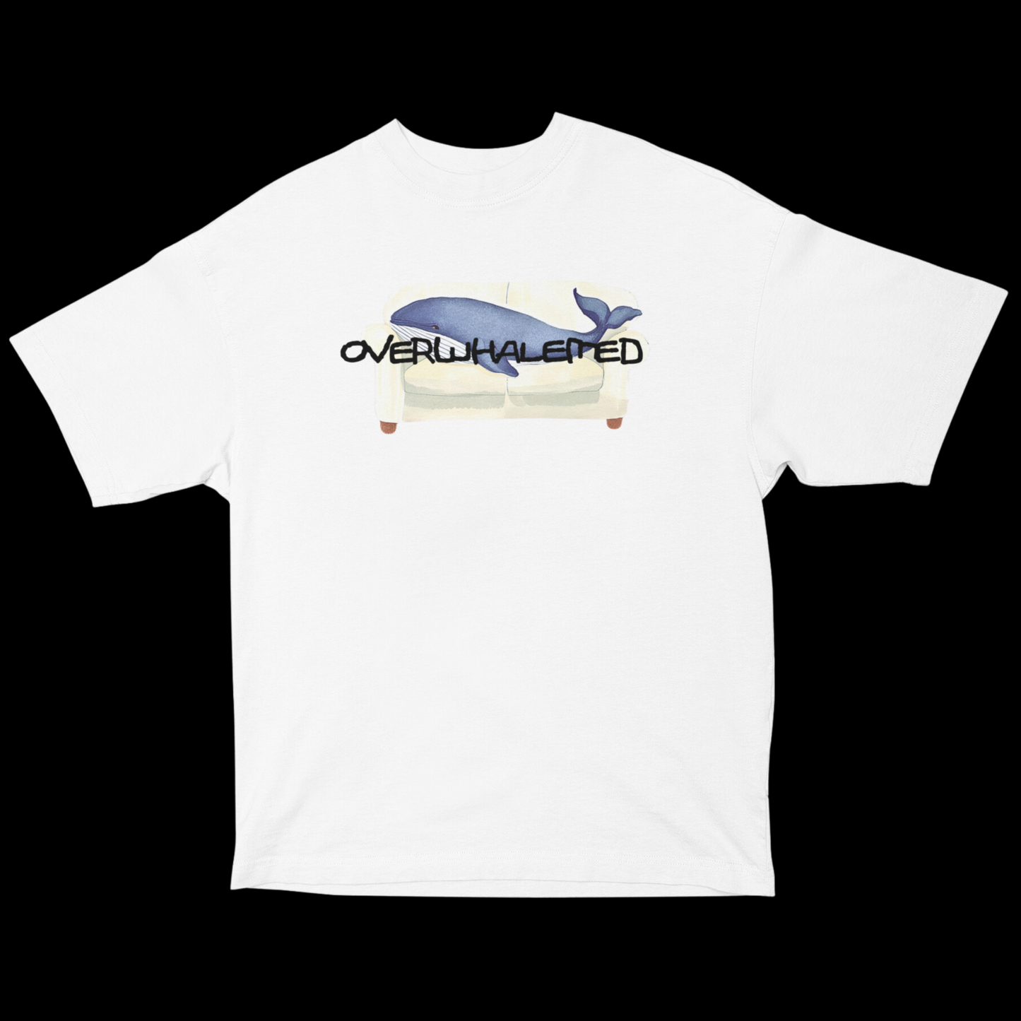 A white oversized t-shirt featuring a playful design of a whale laying on a couch, with the word "Overwhalemed" written above.