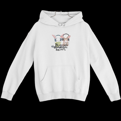 White hoodie with a graphic of two bunnies wearing headphones with bunnies binaural beats written on top.